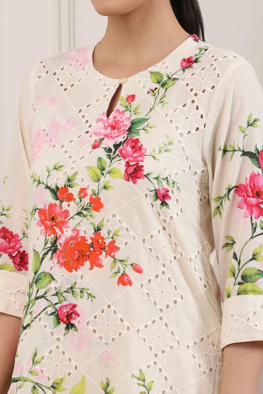 Beige Cotton Floral Schiffli Work 3 Piece Straight Suit Set — 8