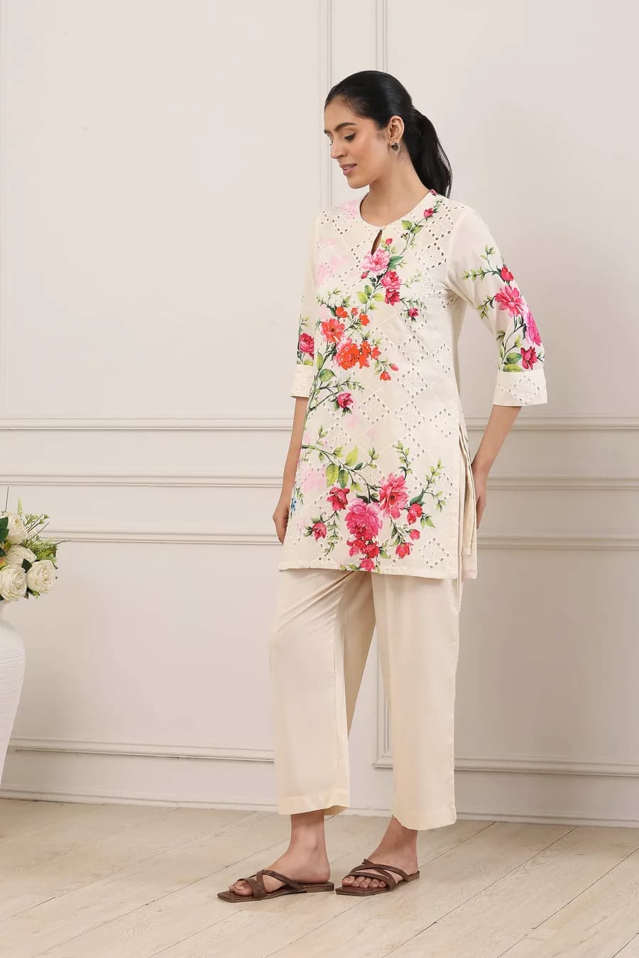 Beige Cotton Floral Schiffli Work 3 Piece Straight Suit Set — 6