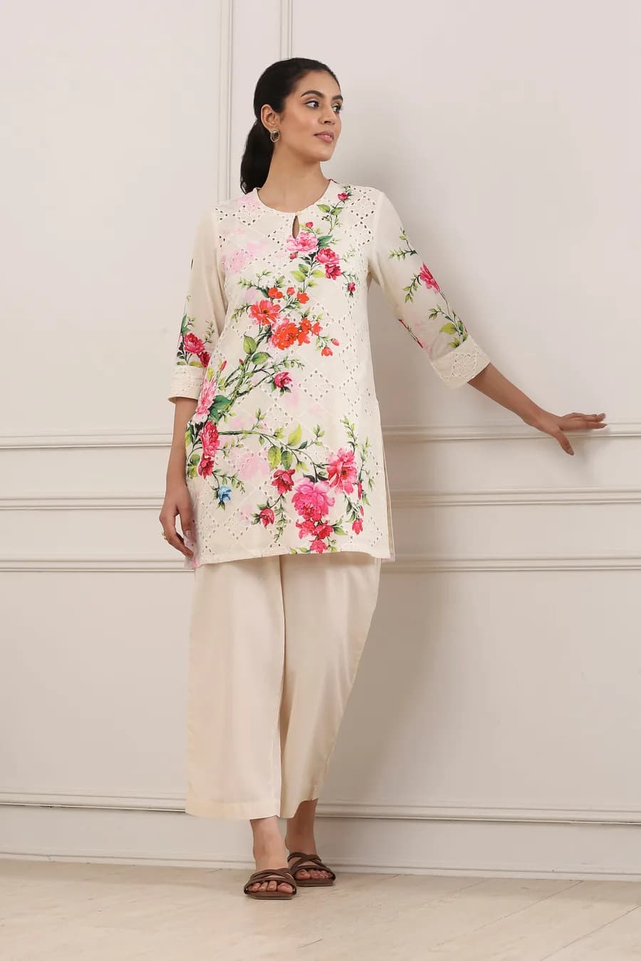 Beige Cotton Floral Schiffli Work 3 Piece Straight Suit Set — 1