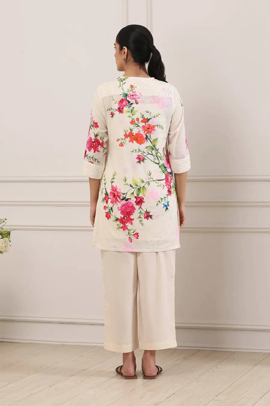 Beige Cotton Floral Schiffli Work 3 Piece Straight Suit Set — 3