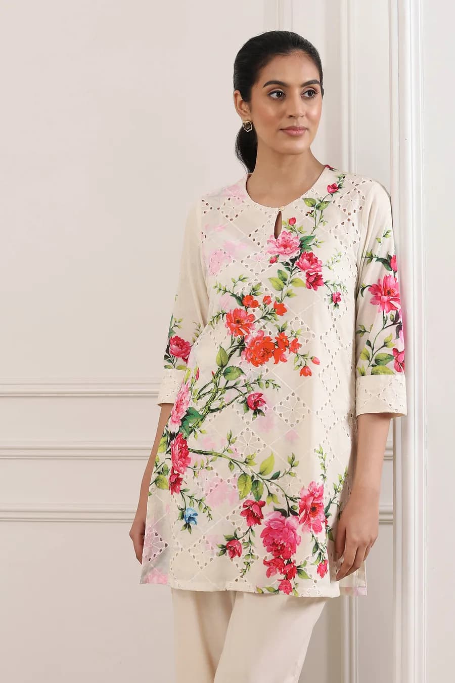 Beige Cotton Floral Schiffli Work 3 Piece Straight Suit Set — 4