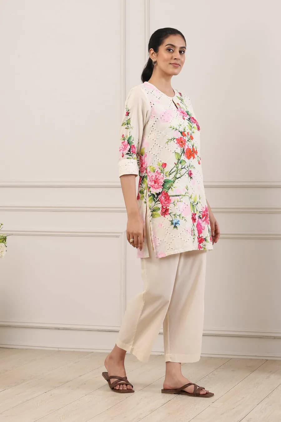 Beige Cotton Floral Schiffli Work 3 Piece Straight Suit Set — 7