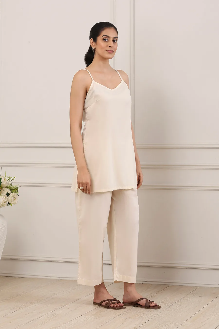 Beige Cotton Floral Schiffli Work 3 Piece Straight Suit Set — 5