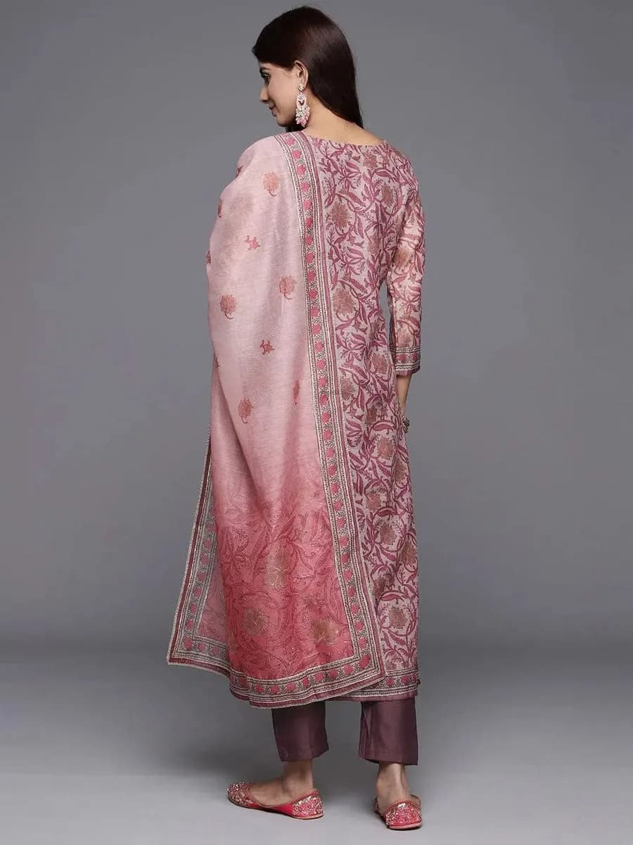 Libas Mauve Yoke Design Silk Blend Straight Kurta With Trousers & Dupatta — 6