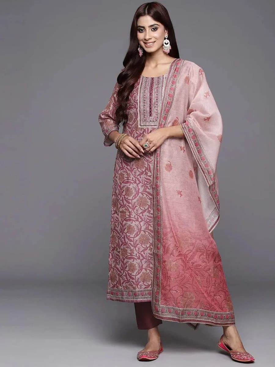Libas Mauve Yoke Design Silk Blend Straight Kurta With Trousers & Dupatta — 1