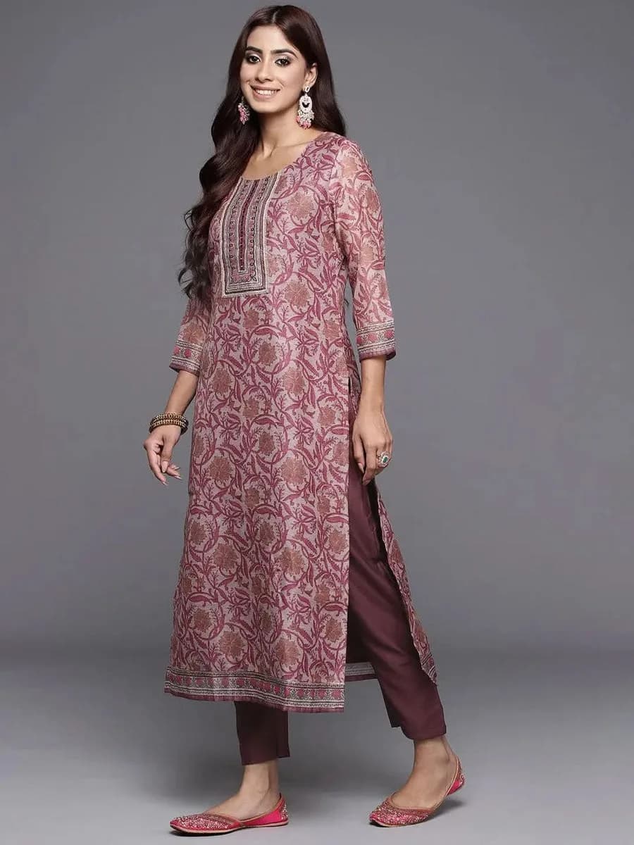 Libas Mauve Yoke Design Silk Blend Straight Kurta With Trousers & Dupatta — 2