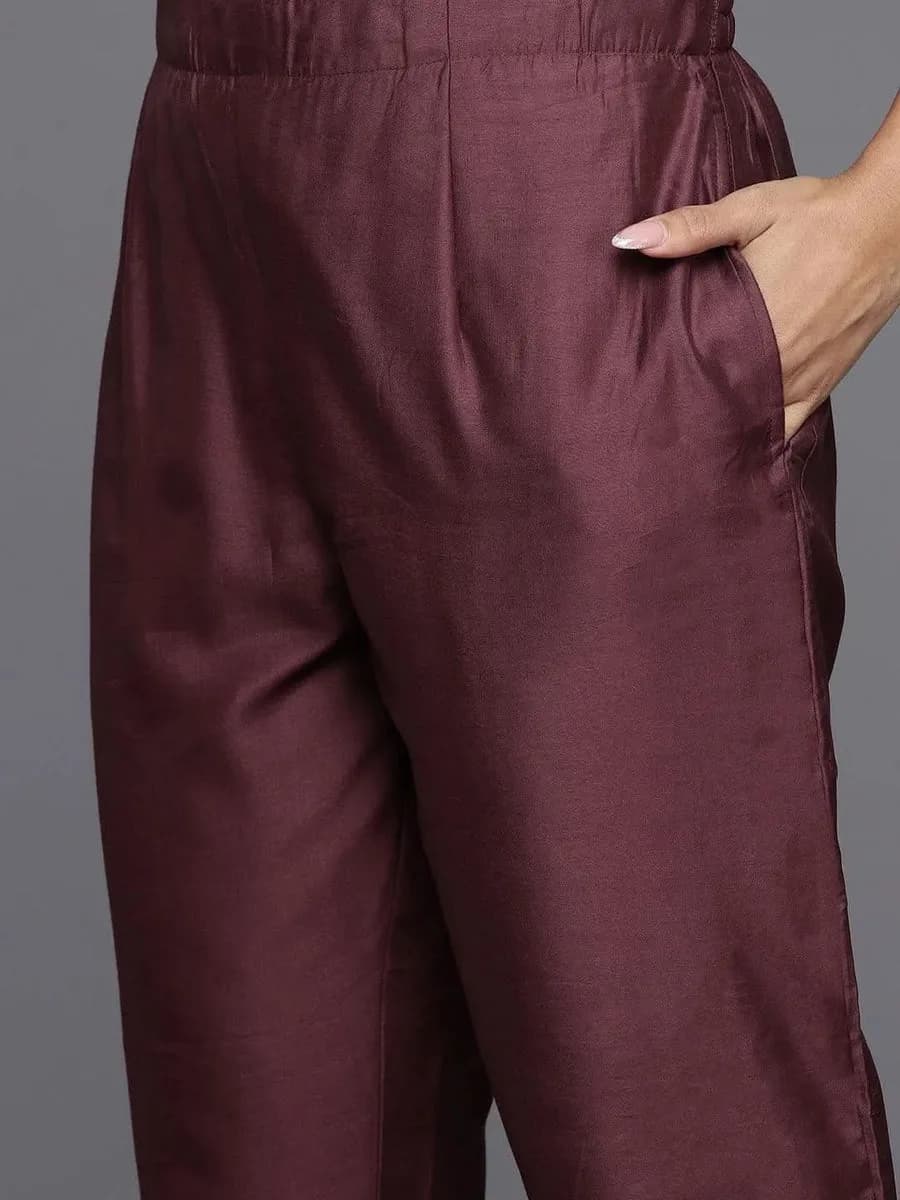 Libas Mauve Yoke Design Silk Blend Straight Kurta With Trousers & Dupatta — 5