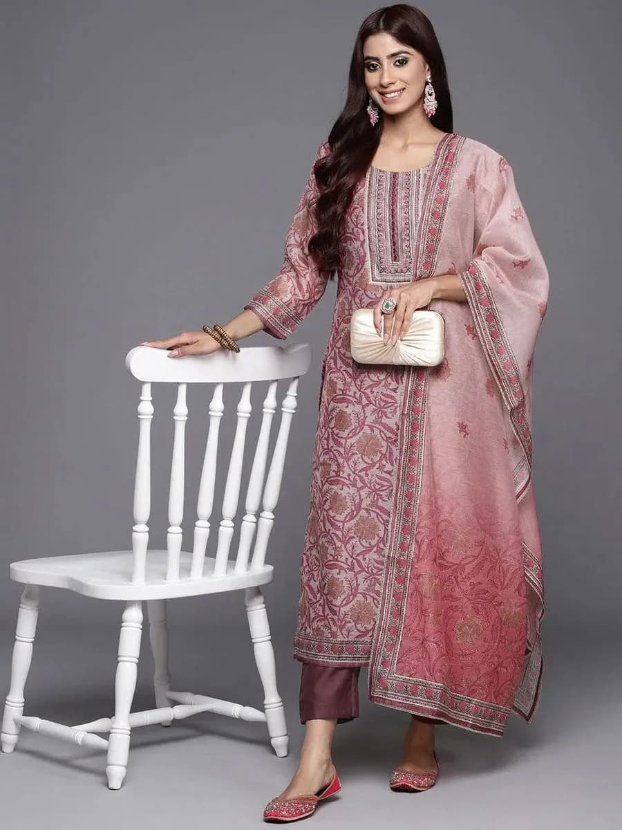 Libas Mauve Yoke Design Silk Blend Straight Kurta With Trousers & Dupatta — 3
