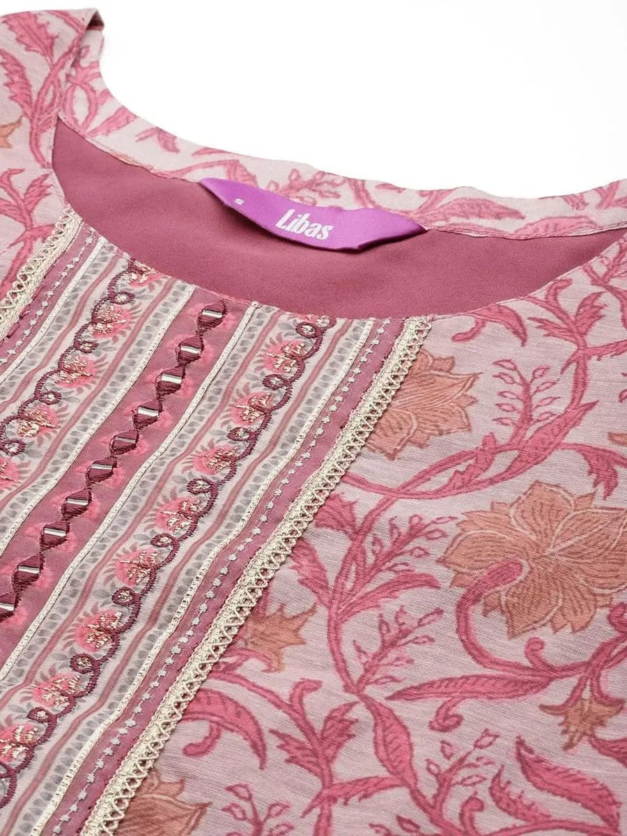 Libas Mauve Yoke Design Silk Blend Straight Kurta With Trousers & Dupatta — 4
