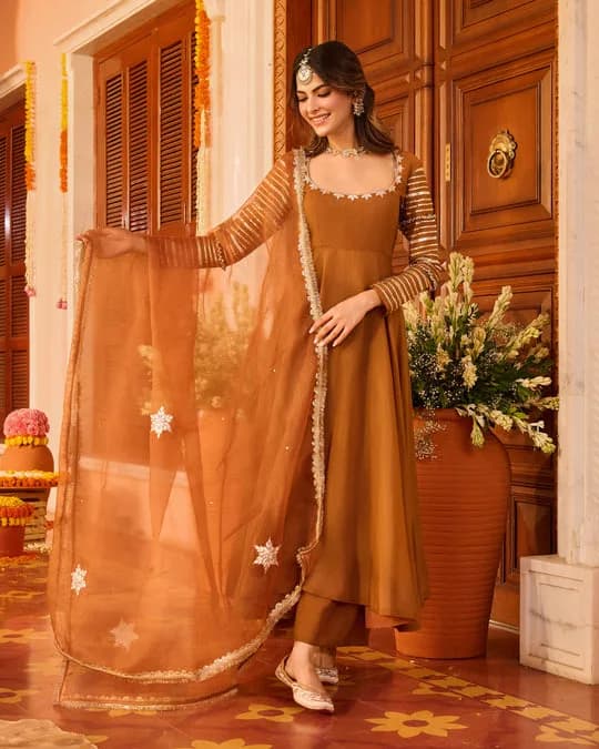 Deepvya Brown Embroidered Chanderi Suit Set — 2