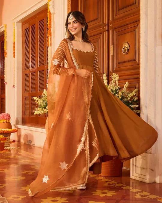 Deepvya Brown Embroidered Chanderi Suit Set — 7