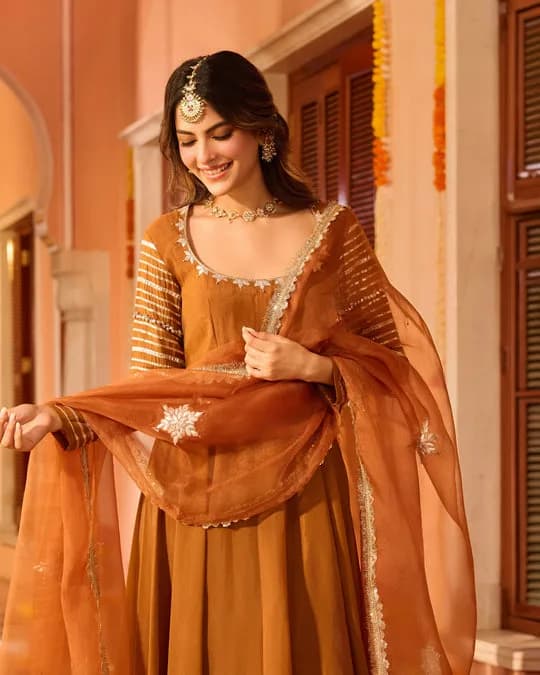 Deepvya Brown Embroidered Chanderi Suit Set — 3