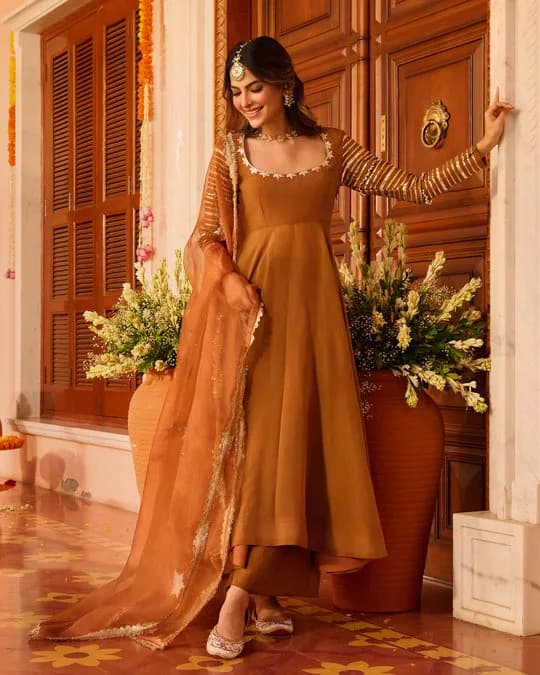 Deepvya Brown Embroidered Chanderi Suit Set — 5