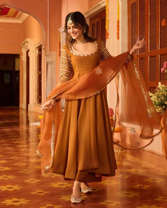 Deepvya Brown Embroidered Chanderi Suit Set — 4