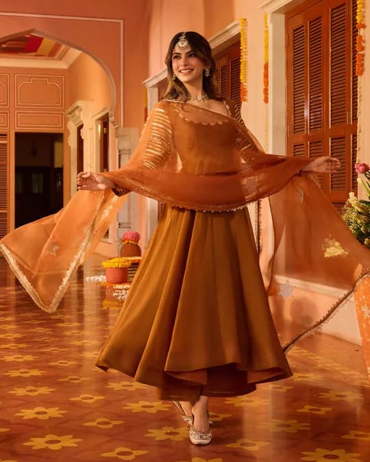 Deepvya Brown Embroidered Chanderi Suit Set — 1