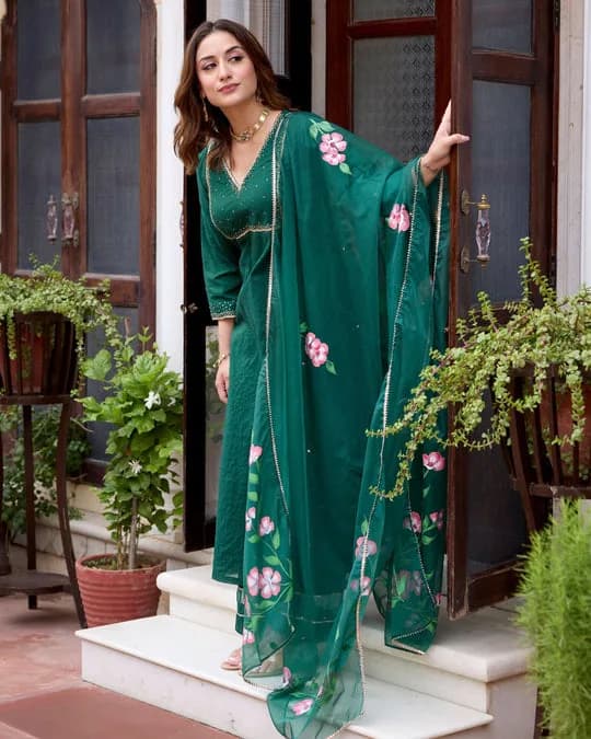 Tulsi Bottle Green Handpainted Chanderi Suit Set — 4