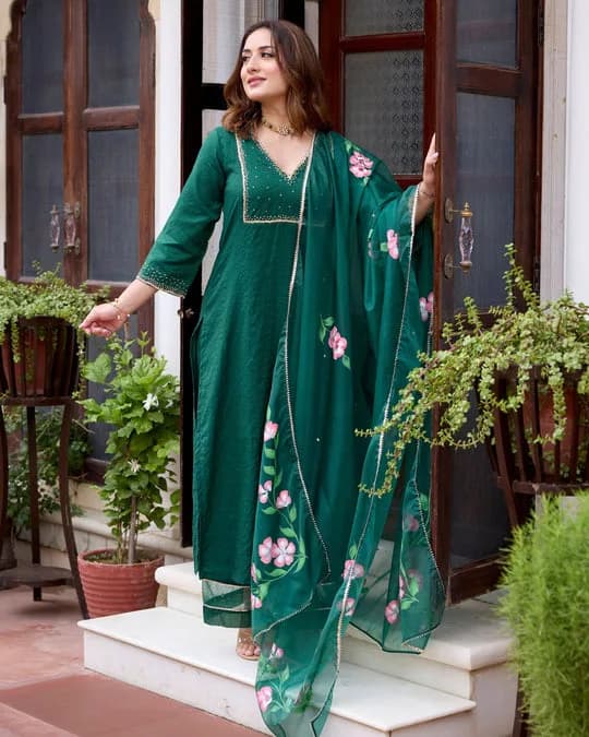Tulsi Bottle Green Handpainted Chanderi Suit Set — 6