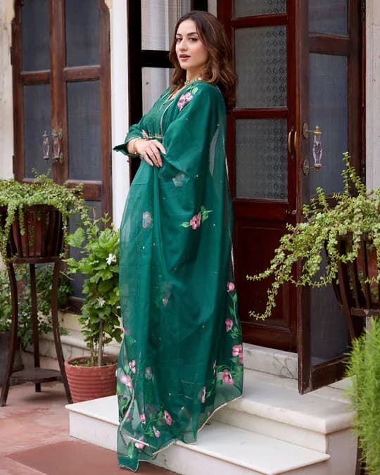 Tulsi Bottle Green Handpainted Chanderi Suit Set — 5