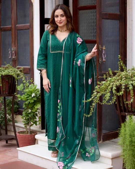 Tulsi Bottle Green Handpainted Chanderi Suit Set — 1