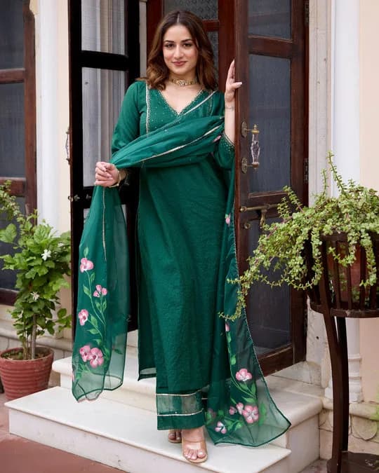 Tulsi Bottle Green Handpainted Chanderi Suit Set — 3