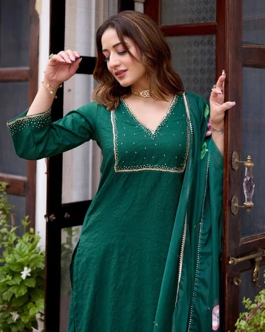 Tulsi Bottle Green Handpainted Chanderi Suit Set — 2
