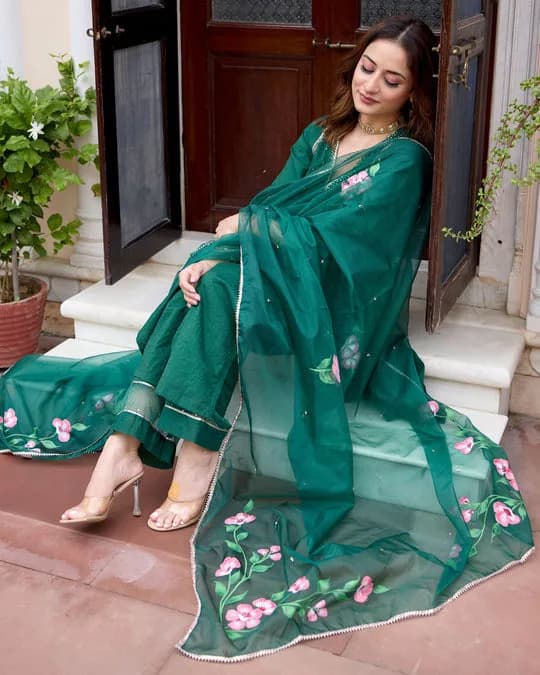 Tulsi Bottle Green Handpainted Chanderi Suit Set — 8