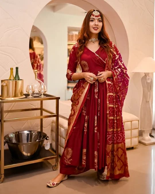 Aachho Maroon Angrakha Bandhej Suit Set — 2