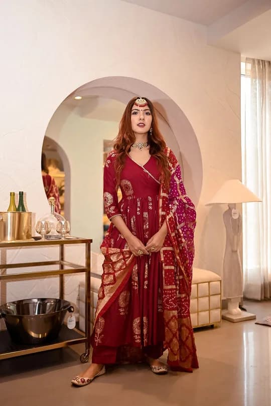 Aachho Maroon Angrakha Bandhej Suit Set — 1
