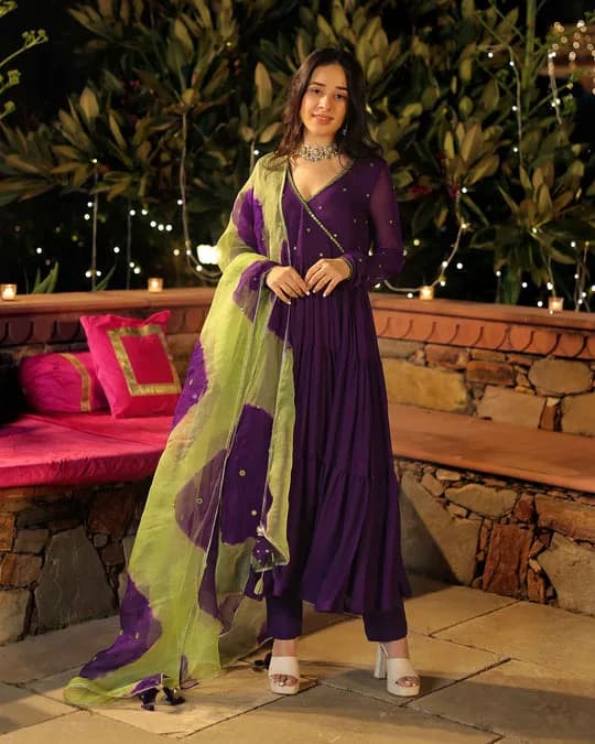 Mystic Mirage Purple Mirror Work Georgette Suit Set — 3
