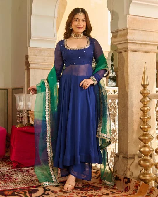 Sonata Blue Solid Georgette Suit Set — 1