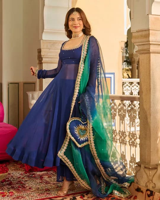 Sonata Blue Solid Georgette Suit Set — 4