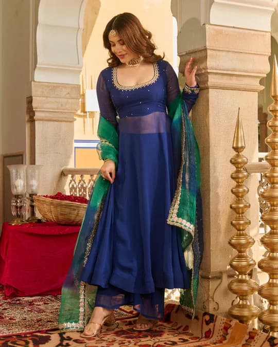 Sonata Blue Solid Georgette Suit Set — 3