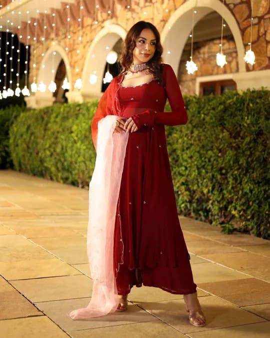 Maroon Blush Embroidered Georgette Suit Set — 4