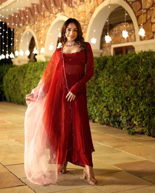 Maroon Blush Embroidered Georgette Suit Set — 1