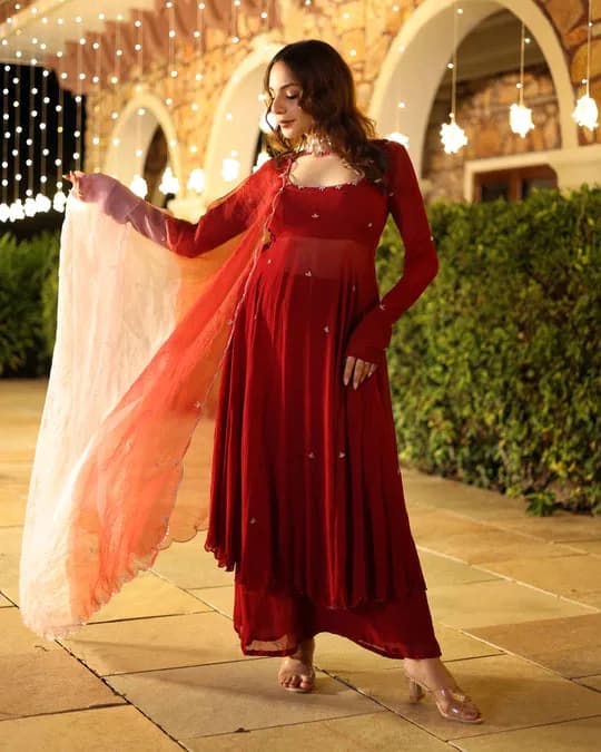 Maroon Blush Embroidered Georgette Suit Set — 2