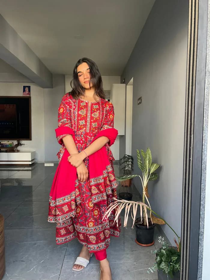 Red Anarkali Pure Cotton Kurta set — 4
