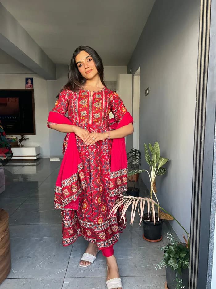 Red Anarkali Pure Cotton Kurta set — 1