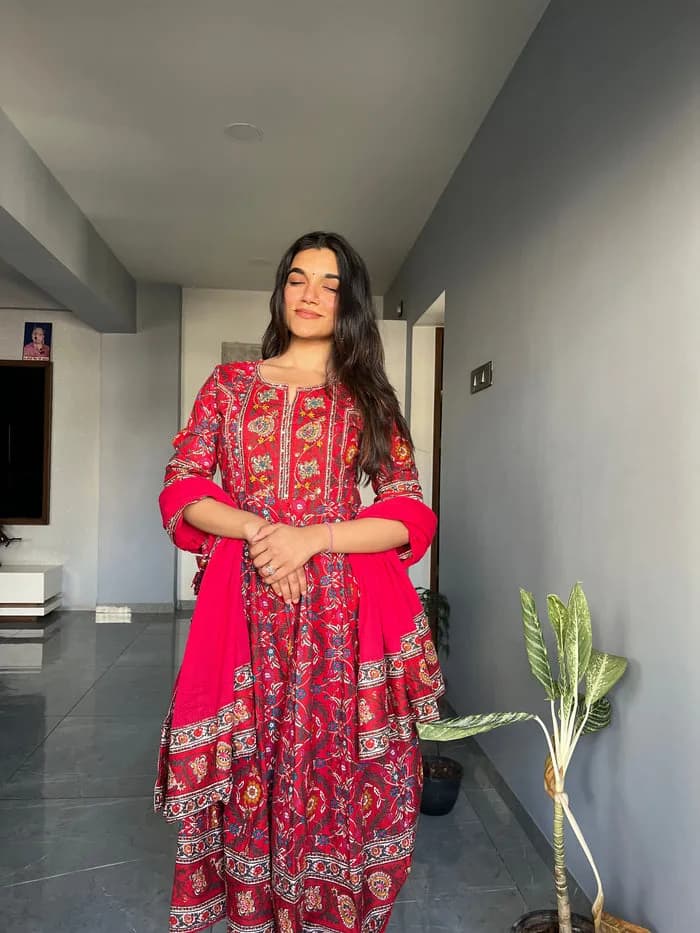 Red Anarkali Pure Cotton Kurta set — 2