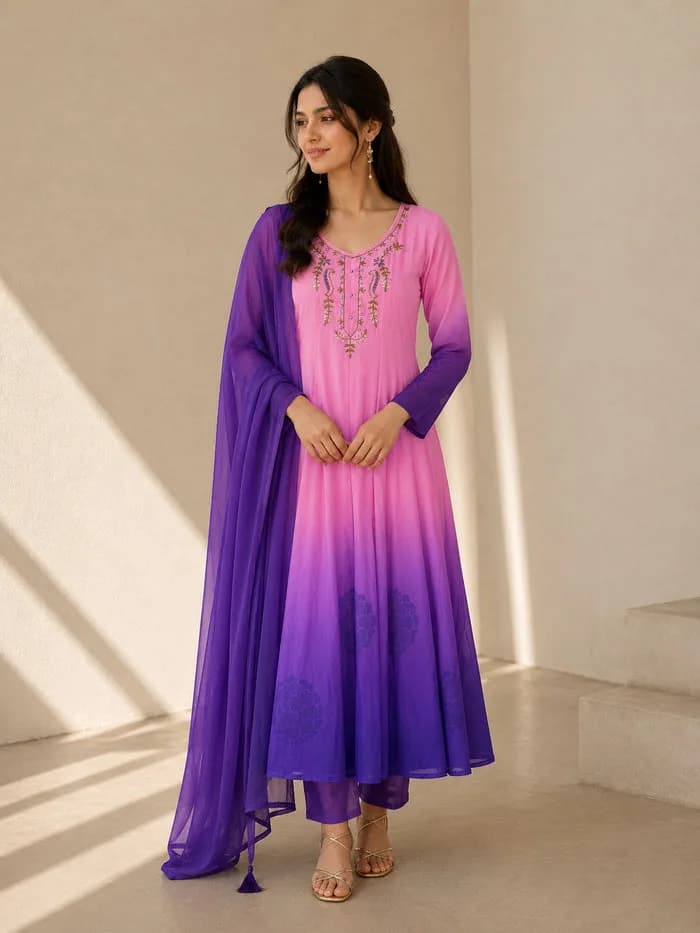 Pink & Royal Purple Ombre Embroidered Anarkali Suit Set with Dupatta — 1