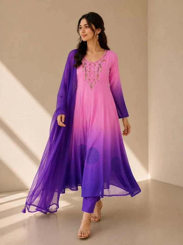 Pink & Royal Purple Ombre Embroidered Anarkali Suit Set with Dupatta — 3
