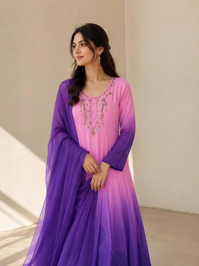 Pink & Royal Purple Ombre Embroidered Anarkali Suit Set with Dupatta — 4