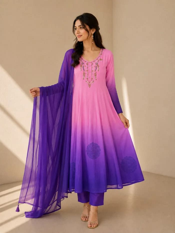 Pink & Royal Purple Ombre Embroidered Anarkali Suit Set with Dupatta — 2