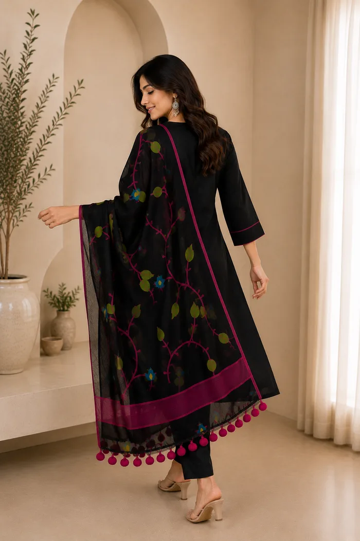 Black Printed Kurta Pant Set with Designer Dupatta — 5