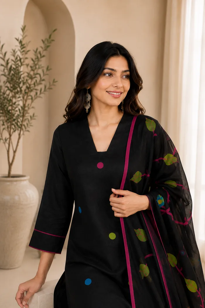 Black Printed Kurta Pant Set with Designer Dupatta — 6
