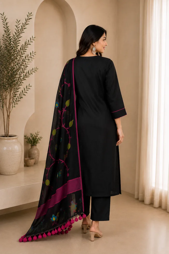 Black Printed Kurta Pant Set with Designer Dupatta — 2