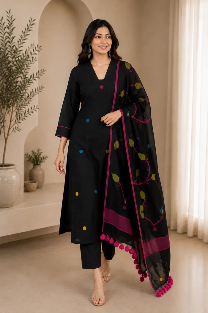 Black Printed Kurta Pant Set with Designer Dupatta — 4