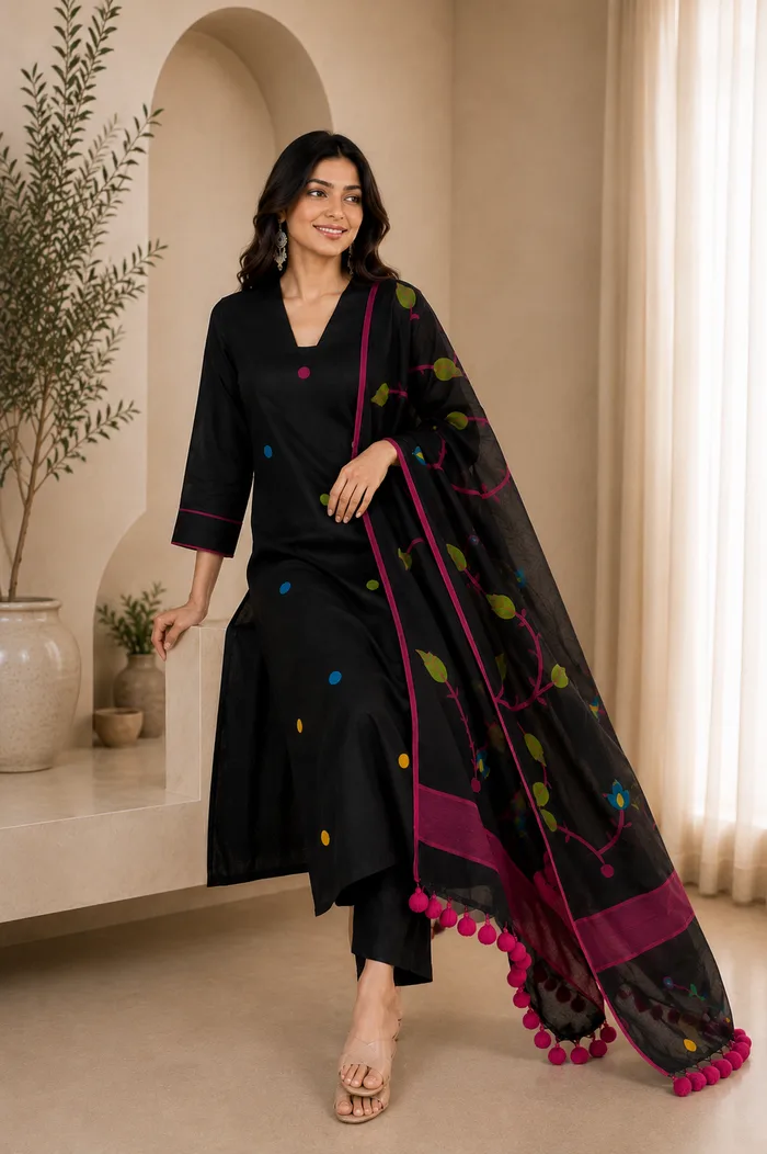 Black Printed Kurta Pant Set with Designer Dupatta — 3