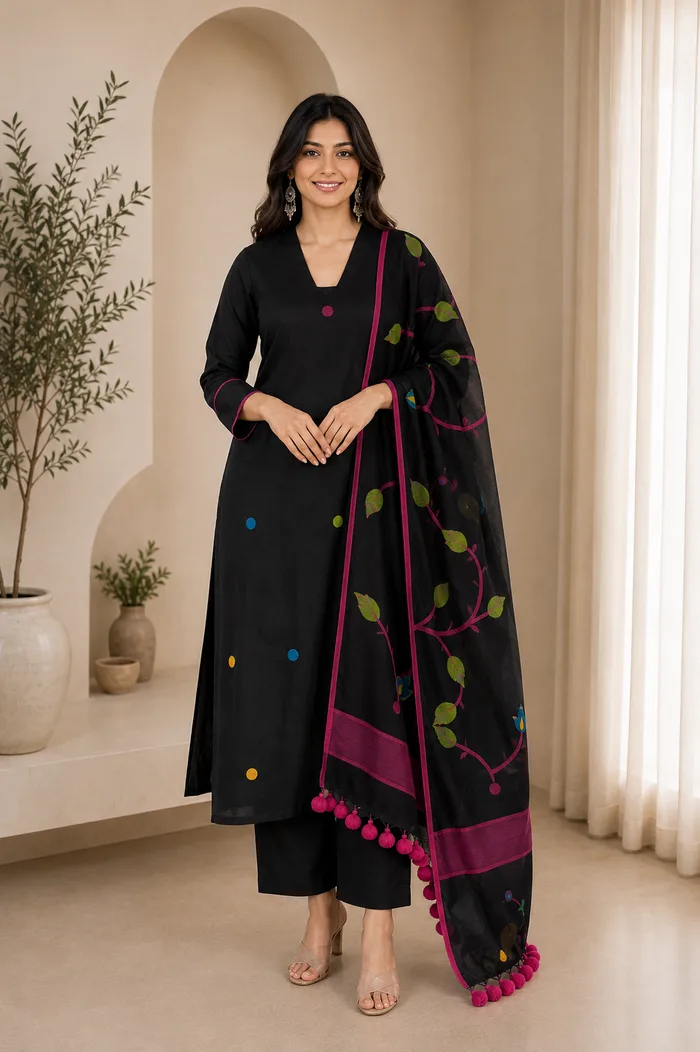 Black Printed Kurta Pant Set with Designer Dupatta — 1