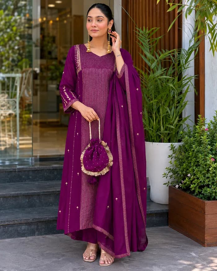Women's Premium Deep Purple Embroidered Straight Kurta Set with Dupatta — 1