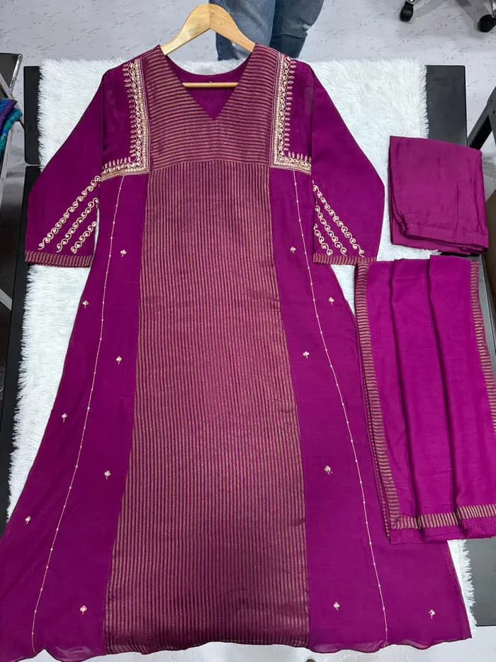 Women's Premium Deep Purple Embroidered Straight Kurta Set with Dupatta — 4